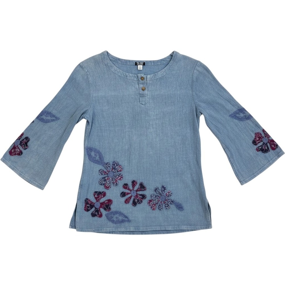 Kashi‎ Women Medium Blue Cotton Floral Patchwork Henley Tunic Top Made in India